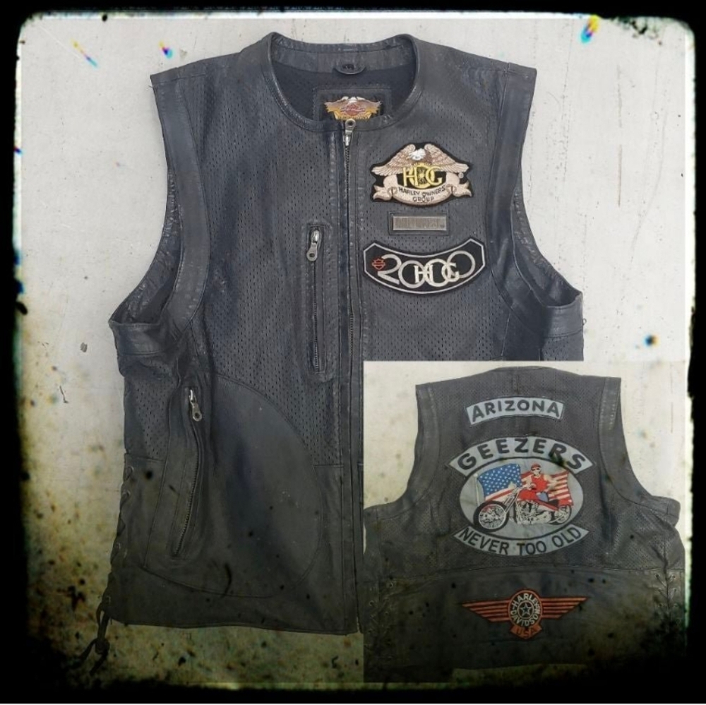 Harley Davidson Black Leather Biker Vest Cut With Arizona Club Patches. 